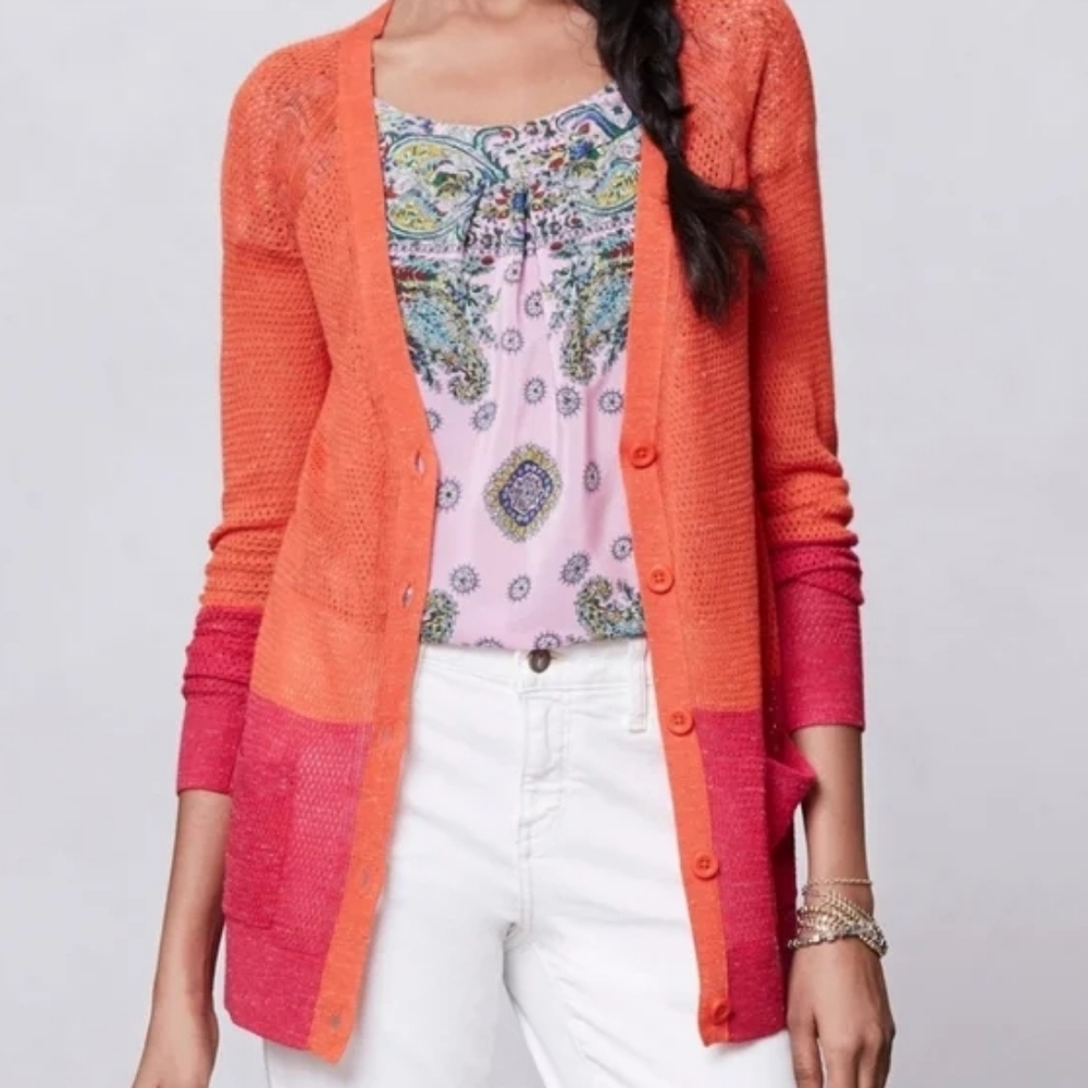 Anthropologie Moth Colorblock Pointelle Cardigan in Orange & Pink Size XS *READ*